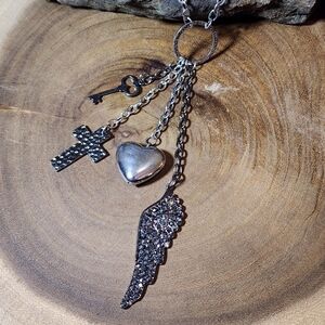 Boho Silver Toned Charm Necklace with Heart, Cross, Wing And Key